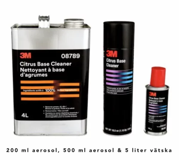 3M Cleaner Spray är ett citrusbaserat avfettningsmedel och limborttagningsmedel som finns i 3 förpackningsstorlekar: 200 ml, 500 ml, 5 liter. Citrus rengöringsspray