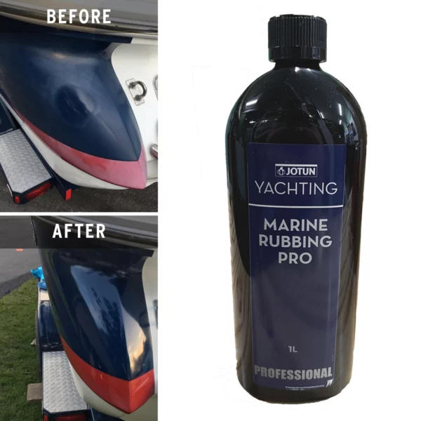Före och efter polering med Jotuns Marine Rubbing Pro på oxiderad gelcoat.