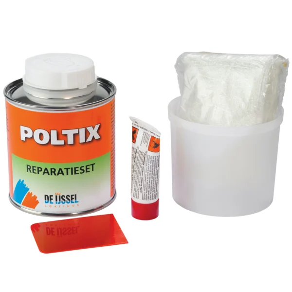 Reparationssats med tixotrop polyesterharts och glasfibermatta. Köp Poltix polyester reparationsset för glasfiberlagning hos www.de-ijssel-coatings.se