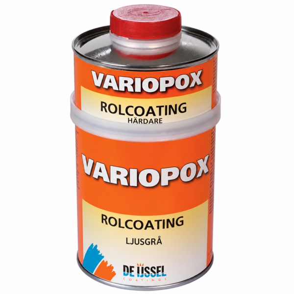 Variopox Rolcoating 750 ml-set med härdare i ljusgrå kulör. Målas i dolda utrymmen som kölsvin, stuvfack och motorrum.