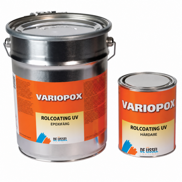 Variopox Rolcoating är en 2K UV-stabil epoxifärg i valfri kulör, 5 kg med bas och härdare.
