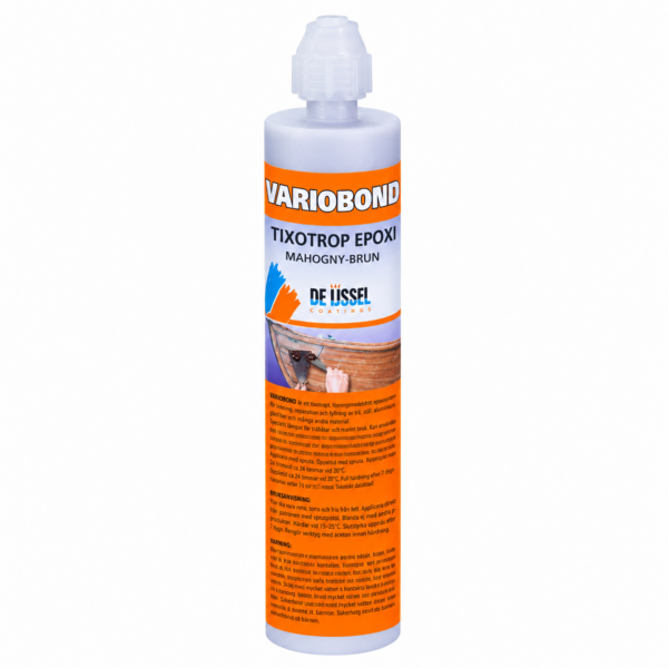 Variobond tixotrop epoxilim i 2K tub. Kulören på epoxin är mahognybrun och tubens mängd 150 ml
