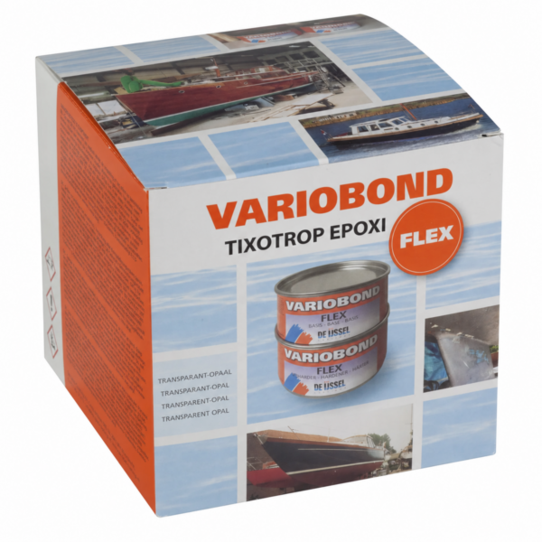 Kartong med flexibelt epoxilim Variobond FLEX 1,5 kg med bas och härdare. För skrov mot skrov montering, eller kölmontering