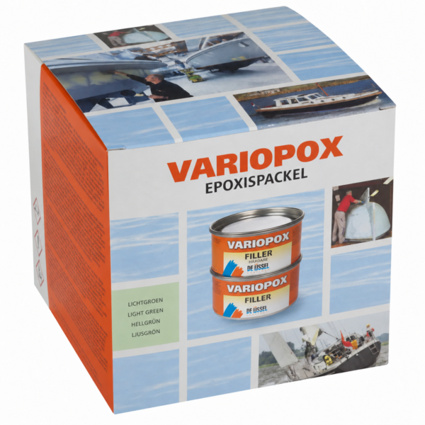Kartong med epoxispackel Variopox Filler, 1 kg med bas och härdare