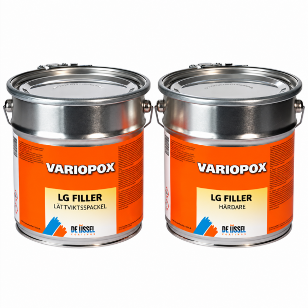 Variopox LG i 5 liter-set med bas och härdare. Epoxibaserat lättviktsspackel.