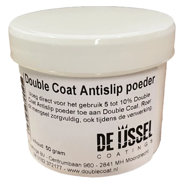 Double Coat Anti Slip halkskyddspulver för däcksytor och halkskyddsytor. Anti halk. Halkfria ytor på båt målas med Double Coat Anti Slip. Ger en fin yta. www.de-ijssel-coatings.se