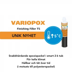 variopox finishing filler t5 är ett epoxispackel som härdar från 5 plusgrader. För ytor ovan eller under vattenlinjen. Smart tub med 2 komponenter för enkel dosering utan våg. Köp variopox finishing filler t5 hos www.de-ijssel-coatings.se