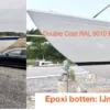 H-båt lackerad med Double Coat i RAL 9010 och epoxigrundfärg bottenfärg IJmopox HB Coating i vit kulör. Böldspärr, epoxibehandling.