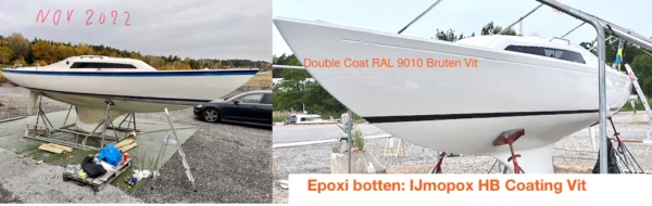 H-båt lackerad med Double Coat i RAL 9010 och epoxi bottenfärg IJmopox HB Coating i vit kulör. Köp hos www.de-ijssel-coatings.se