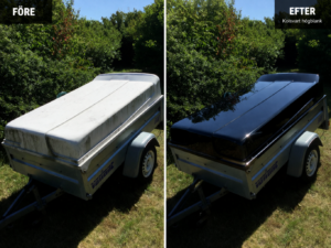 Före och efter målning av släpvagnskåpa med svart högblank Double Coat