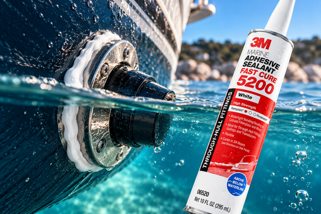 3M 5200 Fast Cure – extremt starkt marint polyuretanlim och fogmassa för permanent tätning och montering av genomföringar under vattenlinjen.