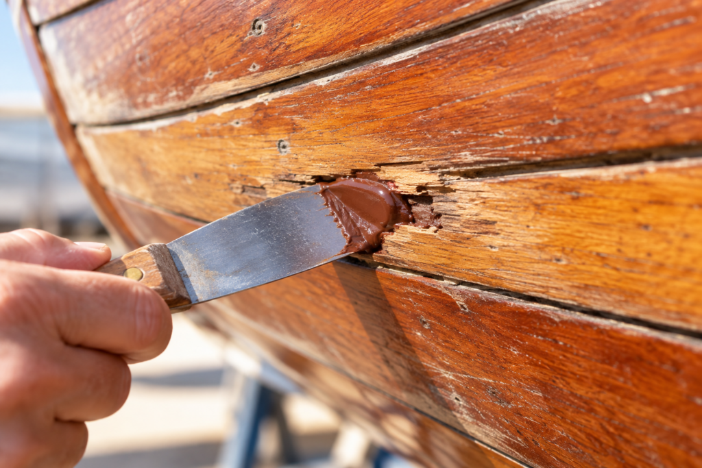 Lagning av spricka och rötskada i träbåt med Variobond mahognybrunt 2K epoxilim – tixotropt epoxilim för reparation och sammanfogning av trä.