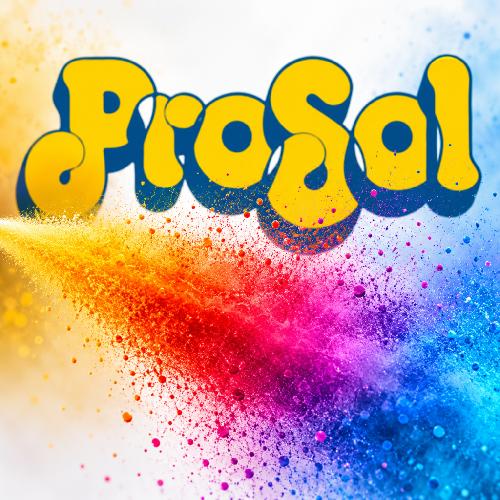 ProSol sprayfärg – färgstark spraystråle i flera kulörer framför ProSols logotyp. Sprayfärg för målning och ytbehandling.